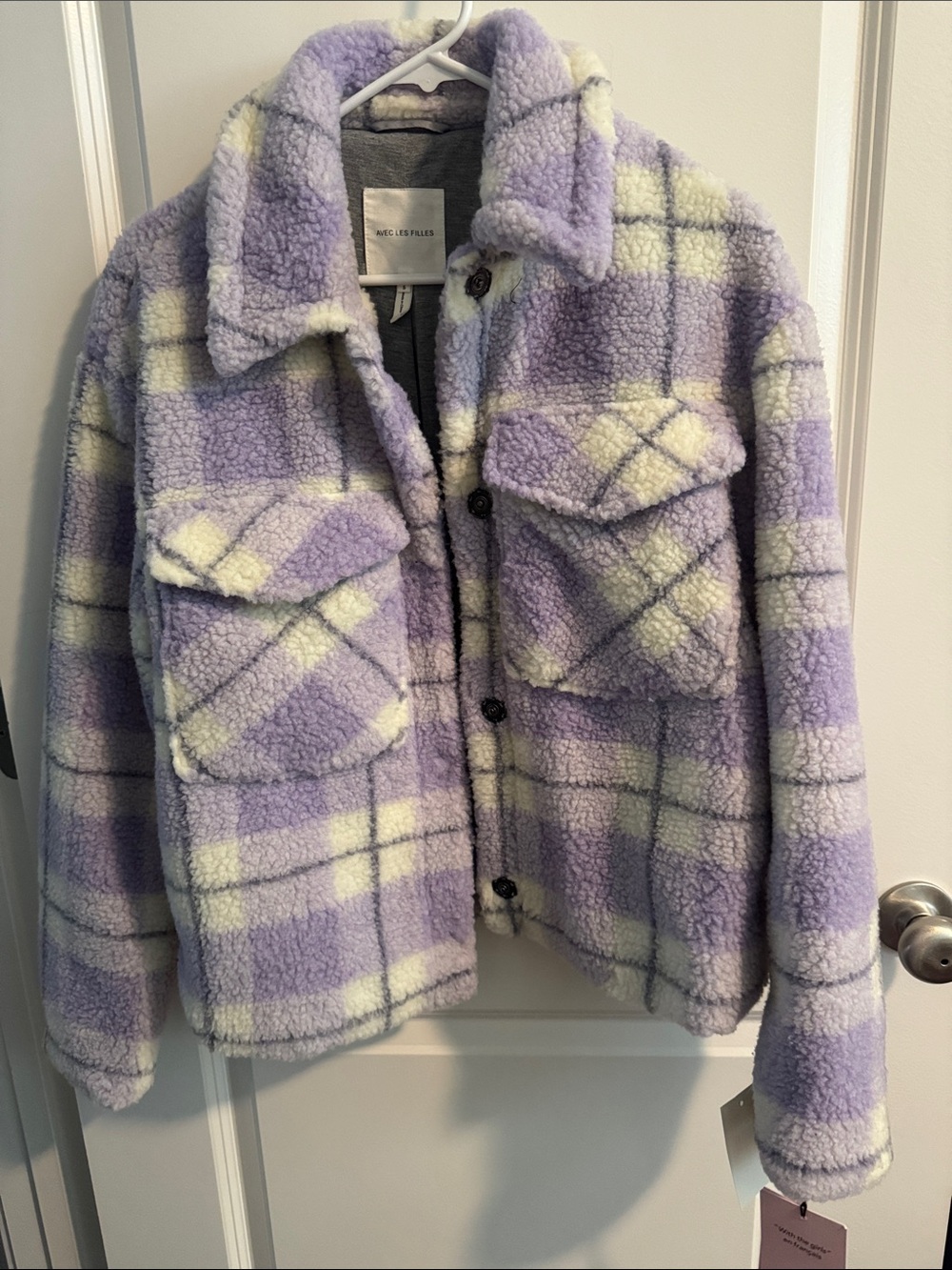 Avec Les Filles Lavender & Cream Plaid Teddy Jacket NWT